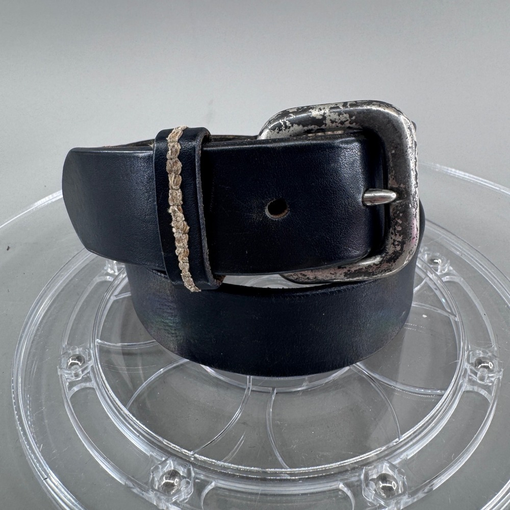 Mens Black Leather Belt Distressed Silver Buckle Whipstitch Detail Size 30-32
